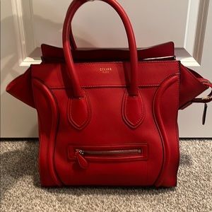 Celine Red Drummed Leather Mini Luggage Tote Bag